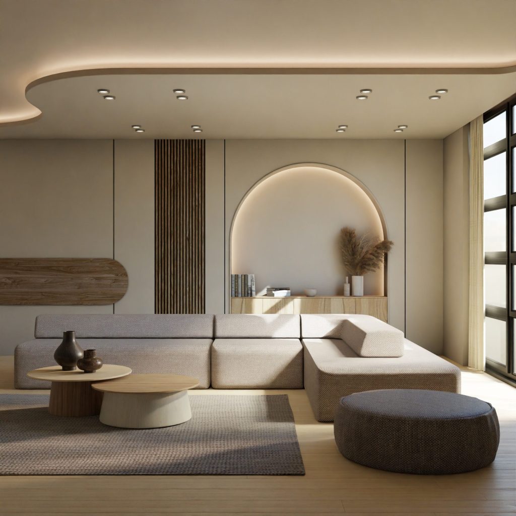 Stylish minimalist living room with neutral tones and contemporary furniture.