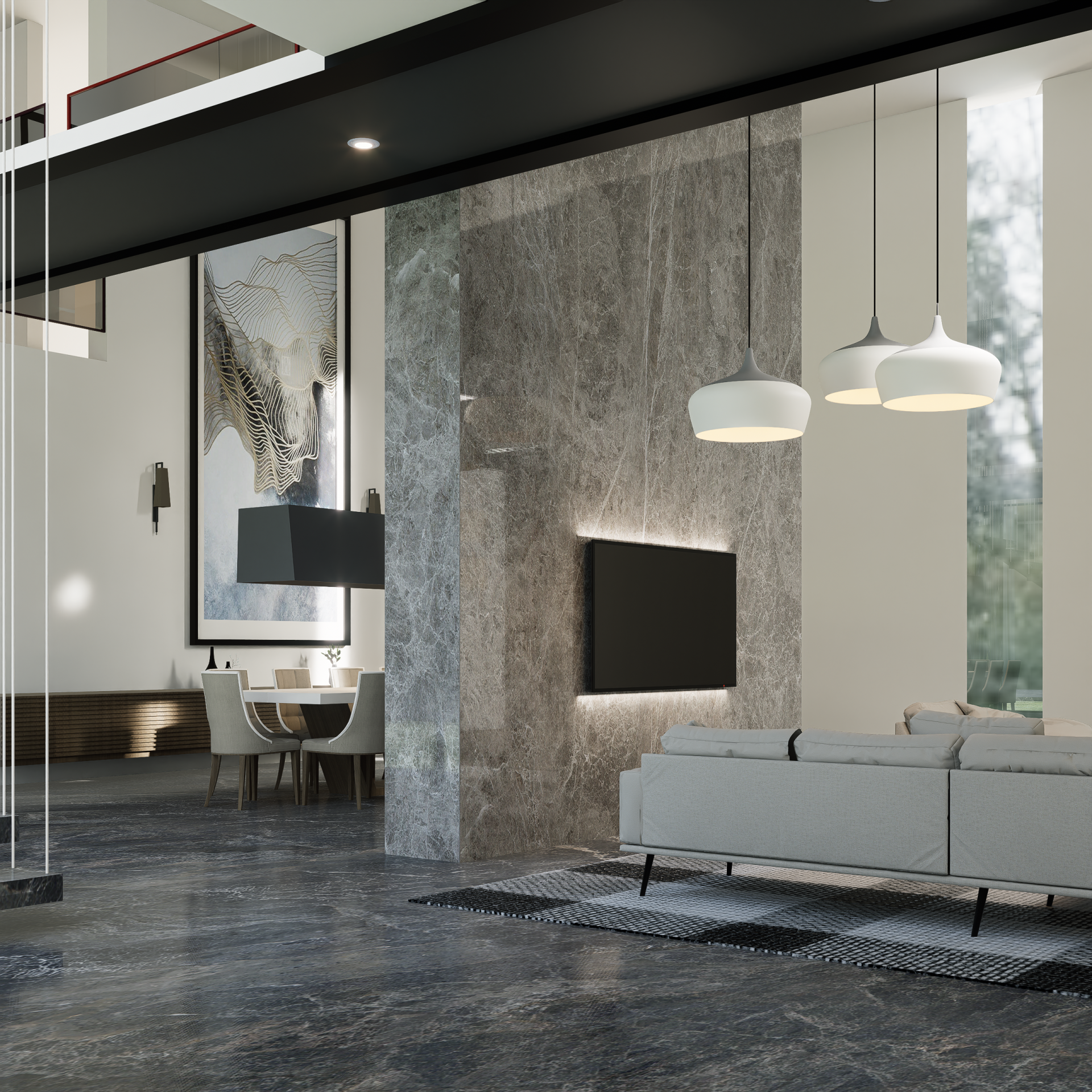 A sleek modern living room with marble features, stylish lighting, and minimalistic decor for elegant interiors.