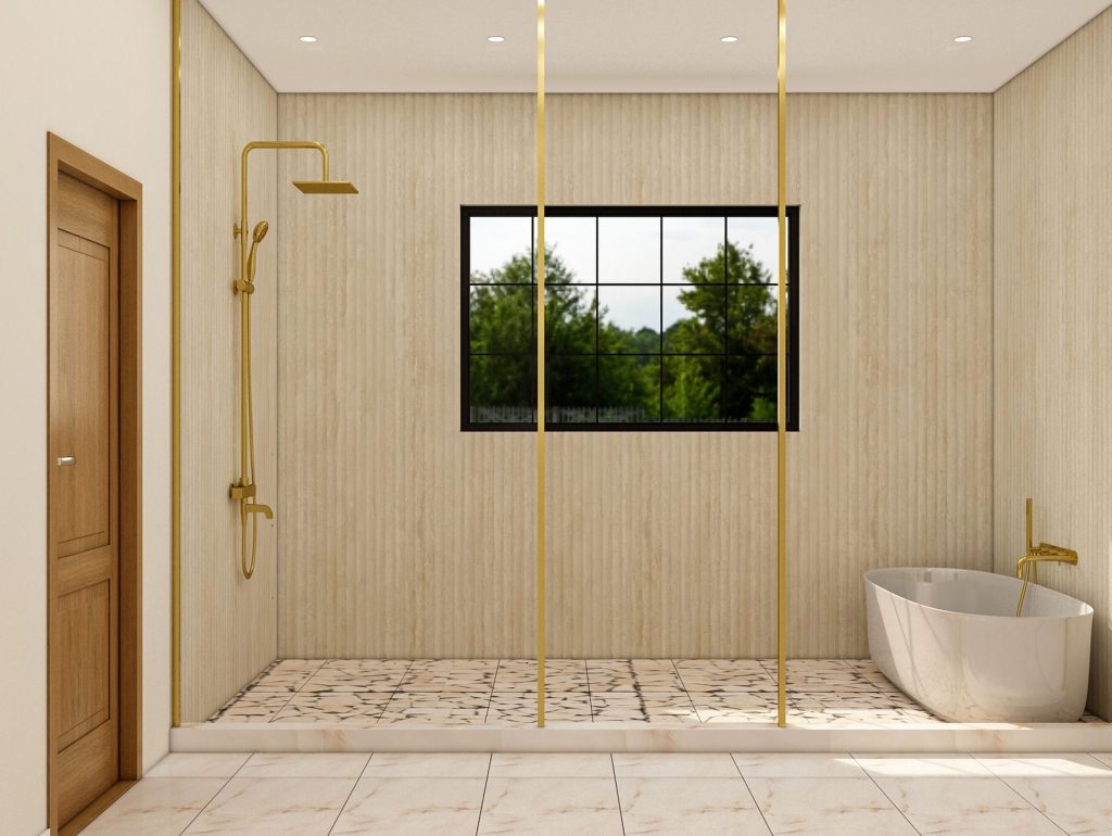 Luxurious modern bathroom featuring golden fixtures, a spacious shower, and a freestanding bathtub with an outdoor view.