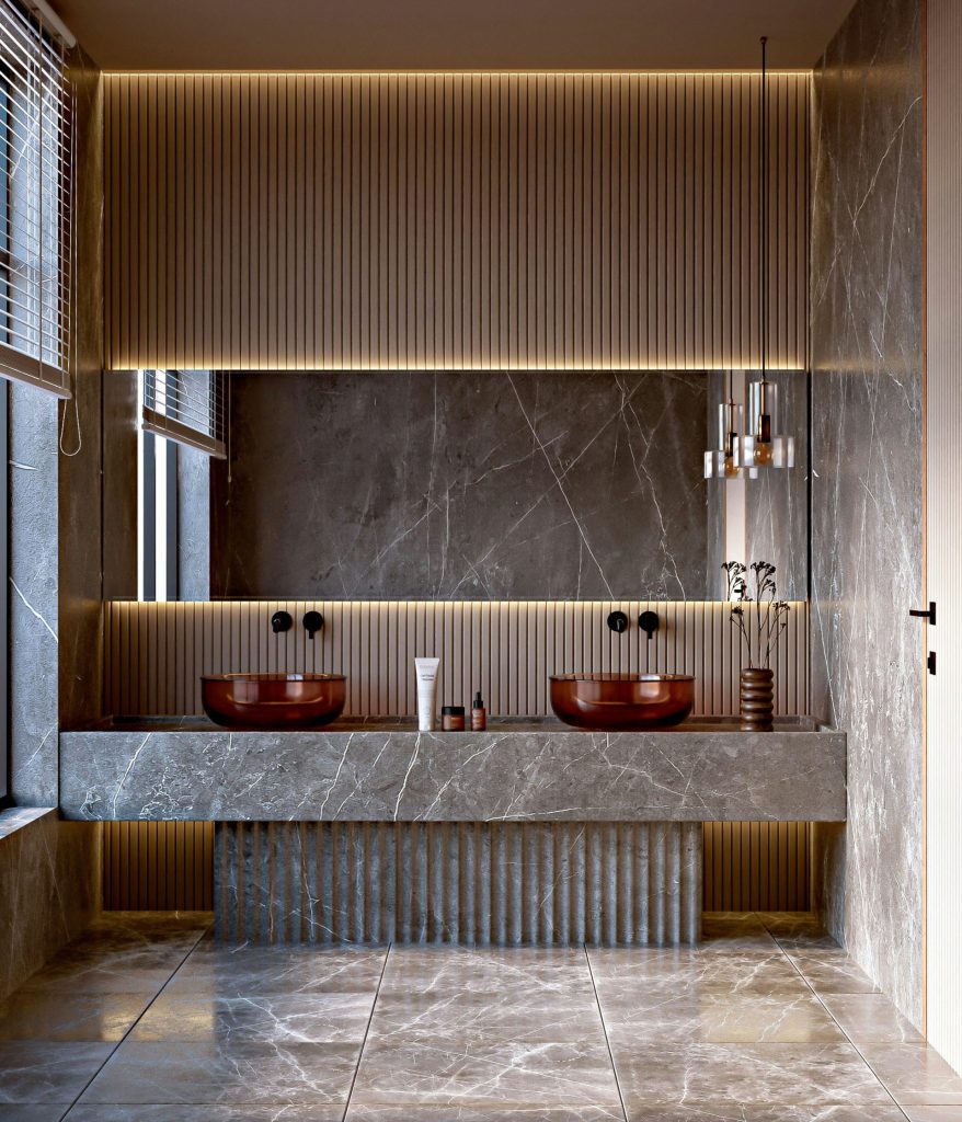 Modern bathroom with marble vanity and double sinks